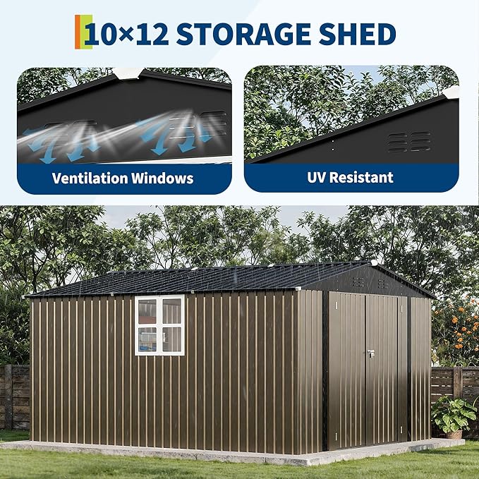 Garvee 10X12 FT Storage Shed with Cross Windows & Lockable Door，Large Outdoor Metal Shed，Peaked Roof Garden Shed for Lawn Mower, Bike, Tools - All Weather Secure Storage