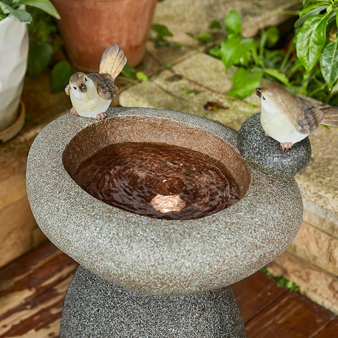 Glitzhome 20.75" H Water Fountain with LED Light and Pump, Zen Style Faux Stone Texture Birdbath Outdoor Fountains with Birds Decor, Floor Fountain for Porch Deck Patio Backyard