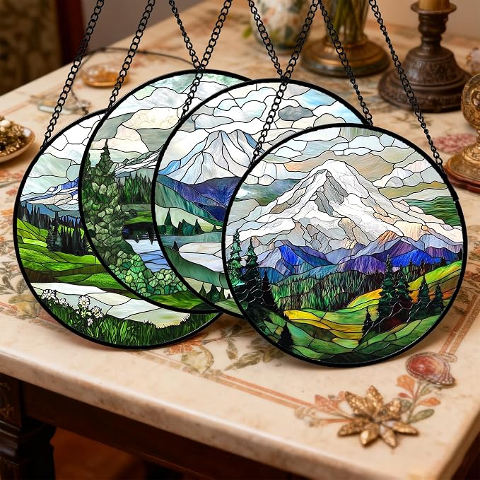 DASTOLL Stained Glass Window Hanging 4 Pcs Set Mountains Lake Green White Landscape Large 11.8" - Suncatcher Door Garden Sun Catcher Decor Birthday Christmas for Mom Woman Nana Men