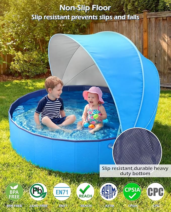 Jasonwell Kiddie Baby Pool with Canopy - Foldable Infant Toddler Kids Pool with Shade Baby Beach Essentials Tent Swimming Wading Pools for Toddlers 1-3 + Kids Dogs Ball Pit Backyard Water Play B, 48"