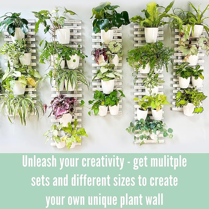 ShopLaLa Bundle- 2 Pack, 23.6 Inch Wooden Plant Holder + 10 Pack, 4 Inch Colored Metal Pots, Vertical Herb Plant Wall Mount Hanging Bucket Unique Garden System Rustic White Ladder Frame Indoor Decor