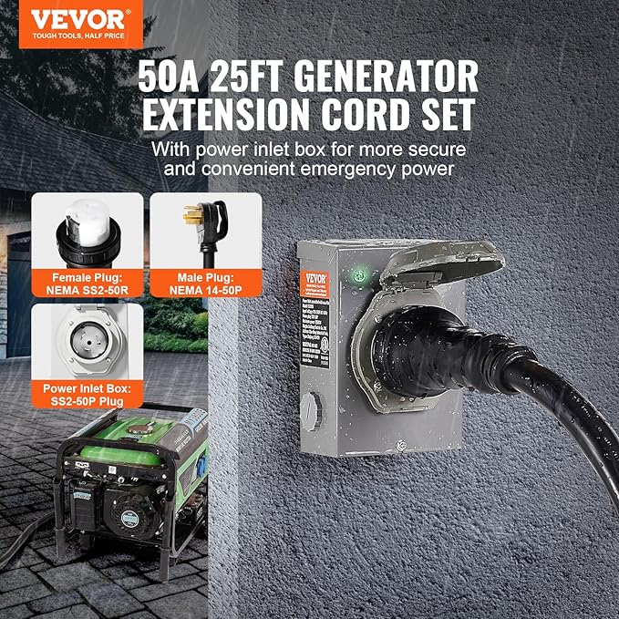 VEVOR 50 Amp Generator Cord and Power Inlet Box Kit, 25FT Generator Extension Cord NEMA 14-50P/SS2-50R STW 6/3+8/1 AWG with Twist Lock Connector, Pre-Drilled Inlet Box, ETL Listed