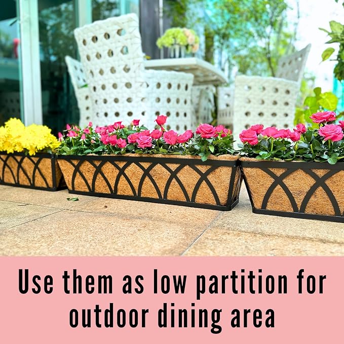 LaLaGreen Wall Hanging Planters (2 Pack, 30 Inch) Balcony Fence Planter with Coco Liner, Metal Window Planter Box Attach House Outdoor Flower Basket Plant Holder Rail Railing Deck Porch Horse Trough