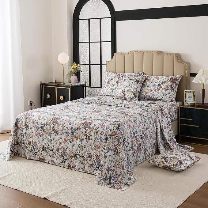FADFAY Sheets Set Twin Botanical Bird Floral Bed Sheets Set Vintage Mocha Mousse Farmhouse Bedding Shabby Branches Bedding 100% Egyptian Cotton Breathable Soft 17.7" Deep Pocket 4Pcs, Twin Size