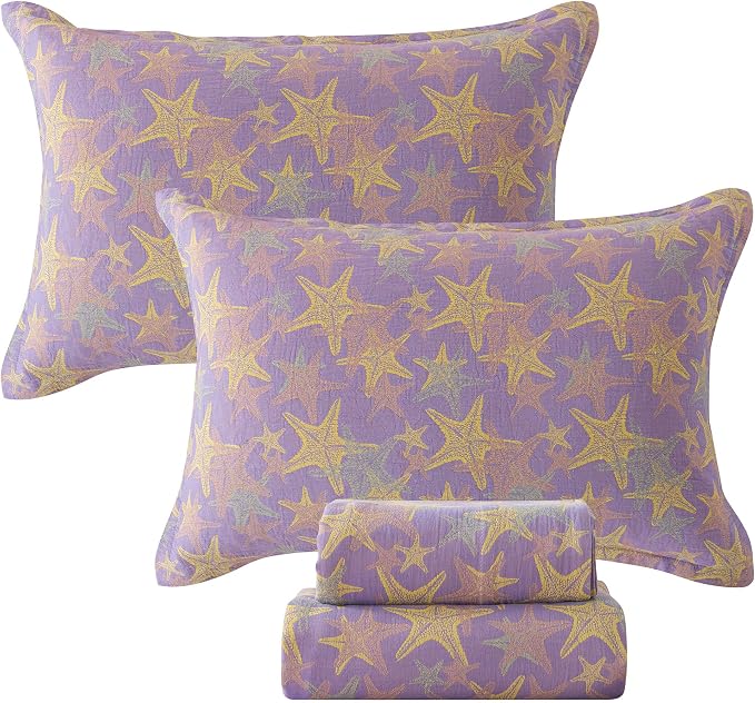 FADFAY Beach Theme Sheets Set King Purple Yellow Starfish Ocean Bedding Coastal Nautical Bedding Super Soft Washed Double -Layer Muslin Sheets 100% Cotton Deep Pocket Fitted Sheet 4Pcs, King Size