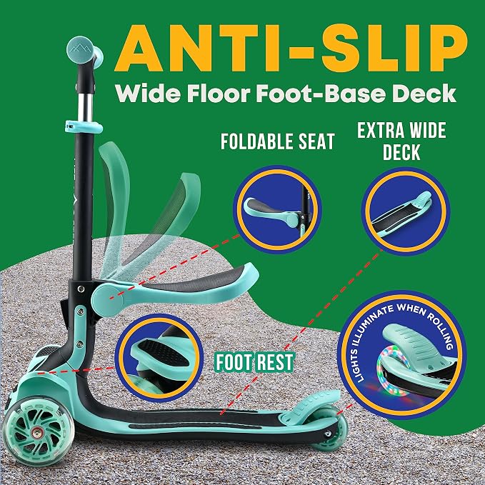 3 Wheel Scooter for Kids with Foldable Seat, Adjustable Handlebar Height, Lean-to-Steer Ride On Toy for Kids Ages 2+, Light-Up LED Wheels, Wide Anti Slip Deck, Indoor & Outdoor Use