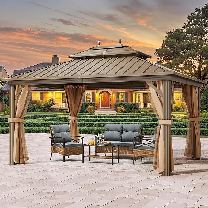 YITAHOME 10x12ft Outdoor Hard top Gazebo with Nettings and Curtains, Heavy Duty Double Roof Galvanized Steel Hardtop Roof for Patio, Backyard, Deck, Lawn