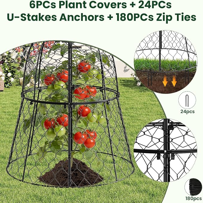 6 Pack Garden Cloche Plant Protectors from Animals, 13" x 11.8" Heavy Duty Chicken Wire Cloche, Adjustable Metal Wire Garden Cloches for Outdoor Plants, Keep Rabbits, Squirrels & Birds Away