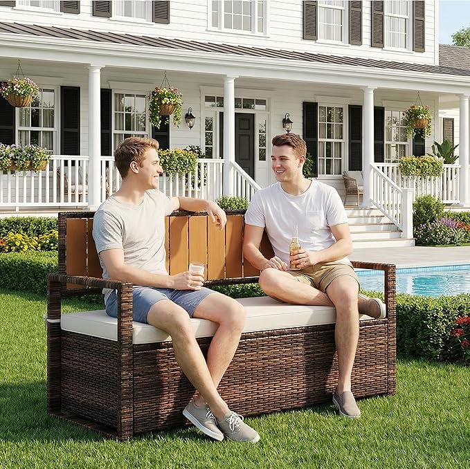 75 Gallon Outdoor Storage Bench, All-Weather PE Rattan Deck Box with Seat, Wicker Patio Furniture for Cushions, Garden Tools, Pool Accessories, Water-Resistant and Durable (Brown White)