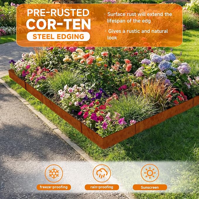 20ft.Cor-Ten Weathering Steel Landscape Edging(6 Pack)-8"x40"- Pre-Rusted Garden Edging with 7 Clips & Gloves - Durable,Flexible, Easy-to-Install for Landscaping,Tree Rings,Lawn & Garden