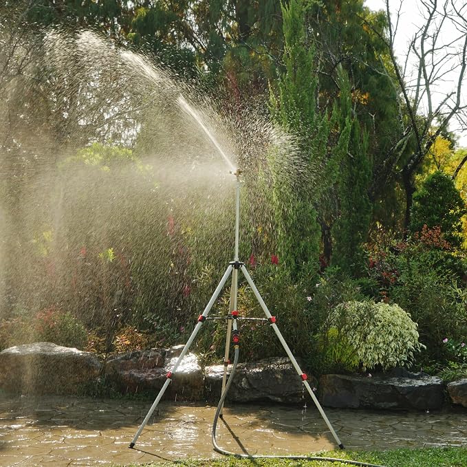 Eden 94157 PRO The Heaviest Weight Tripod (5.37 lbs) Metal Telescoping Tripod Brass Impulse Sprinkler with Premium Quick Connect Starter Set, Watering up to 6,360 Sq. Ft