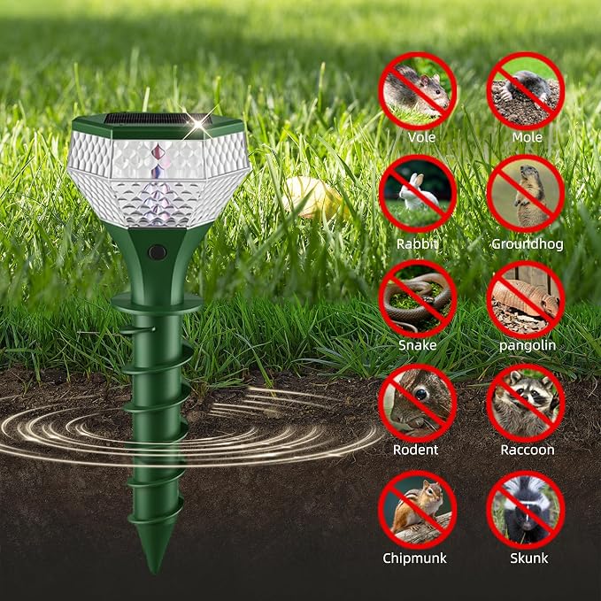 Extra Large Solar Powered Mole Repellent, 3X Size& Coverage, Vibration& Ultrasonic Repeller with Color LED Night Light, Repels All Animal Repellent Outdoor