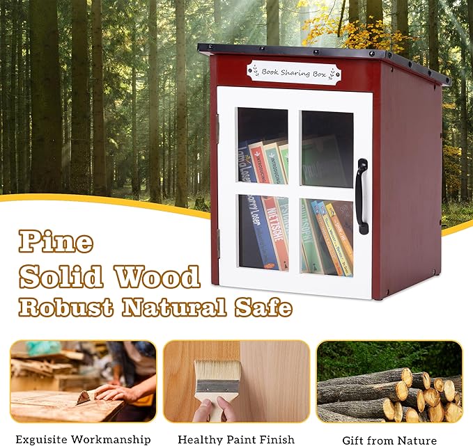 Outdoor Book Storage Box: Natural Wood Library Box with Reinforced Waterproof Roof, DIY Book Sharing Storage Box for Outside Neighborhoods Community Schools (Red Sloped Roof)