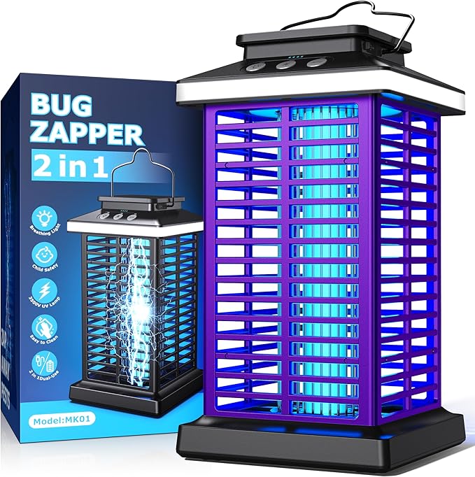 Bug Zapper Outdoor, Mosquito Zapper 2 in 1 Portable & Rechargeable Bug Zapper Outdoor with 5000mAh Battery & LED Night Light, 4000V Electric Fly Zapper for Outside,Patio,Backyard,Garden Purple