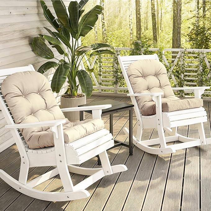 Rocking Chair Cushion Adirondack Chair Cushions with Non-Slip Ties, High Back Patio Chair Cushions,Fade-Resistant & Waterproof,Indoor/Outdoor Rocking Chair Pad for Living Room, Deck, Beige