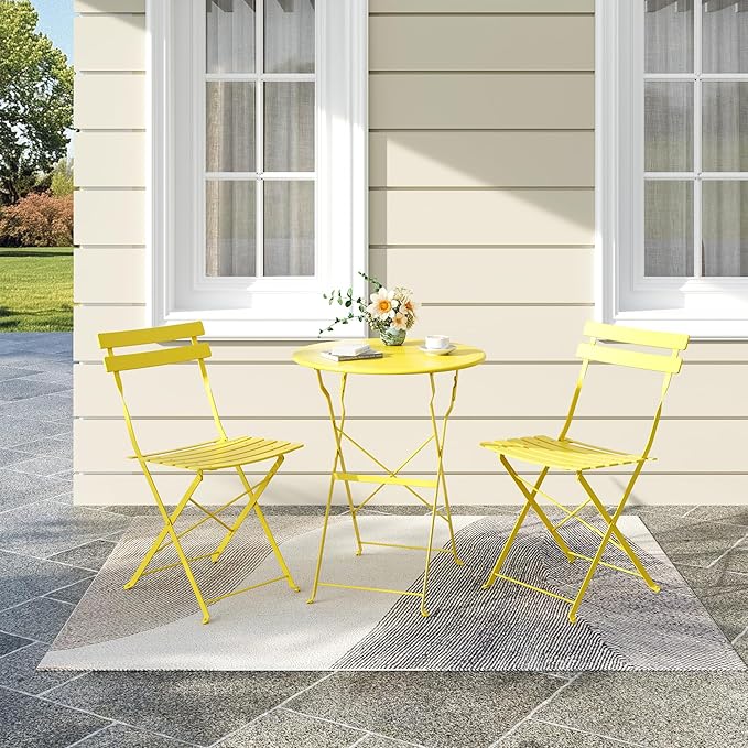 Bistro Table and Chairs Set of 2, 3 Piece Outdoor/Indoor Folding Patio Bistro Sets, 2 Chair Patio Furniture Set with Table, Premium Frame Foldable Coffee Tables for Balcony, Yard, Garden, Yellow
