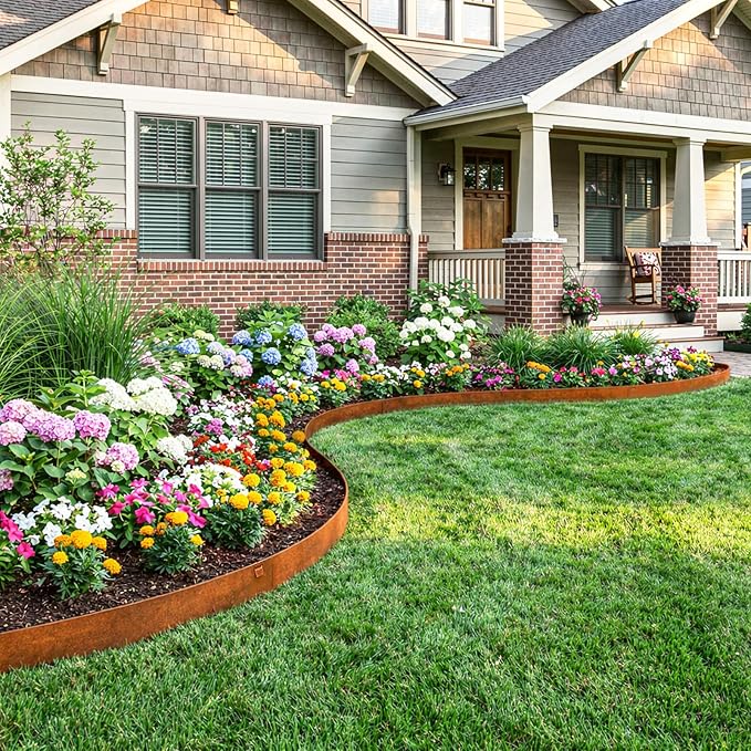20ft. Metal Edging for Landscaping, 6 Pack 8 inches Rusted Cor-Ten Steel Edging for Landscaping a Pair of Gloves, Bendable Hammer-in Steel Landscape Edging for Fence, Garden, Yard, Park, Law