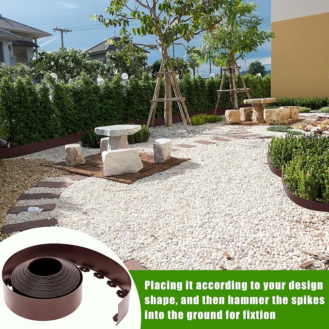 Sasylvia 5'' x 50' Landscape Edging Kit Plastic Garden Edging Border Include 45 Anchoring Spikes for Lawn Garden Grass Yard Home School, Brown