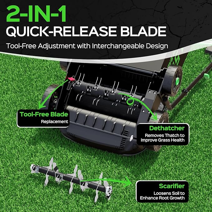 TIECTOWN 14-Inch 13.5 Amp 2-in-1 Electric Dethatcher and Scarifier with 11.5-Gallon Collection Bag, Lawn Dethatcher with 5-Position Depth Adjustment, Blade Replacement Without Tool - Green