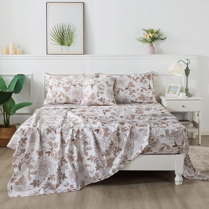 FADFAY Sheets Set Twin XL Vintage White and Brown Floral Bedding Elegant Peony Sheets Shabby Rose Farmhouse Bedding 100% Egyptian Cotton 800 Thread Count Deep Pocket Fitted Sheet 4Pcs, Twin XL Size