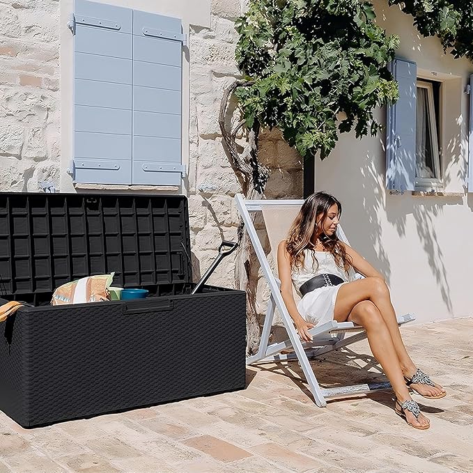 Toomax Portofino Large 90 Gallon Plastic Outdoor Storage Backyard Deck Box, with Lockable Lid, Seat Weight Capacity 450 Pounds, Gray
