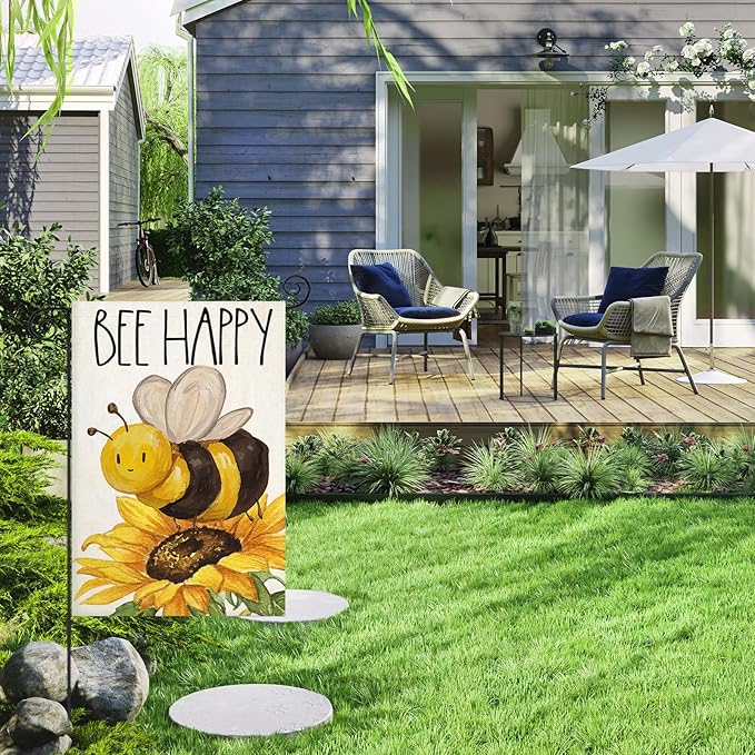 BEE HAPPY Garden Flags for Outside, Summer Watercolor Bee with Sunflower Yard Decoration, Small Seasonal Outdoor Decor for Farmhouse Holiday,12x18 Inch Double Sided