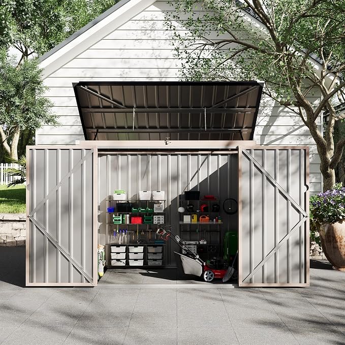 3x6 FT Metal Trash Can Shed, 2-Bin Outdoor Garbage Storage with Chain Lid, Weather-Resistant Bin Enclosure for Garden/Backyard/Patio