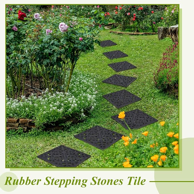 Pangda 8 Pcs Rubber Stepping Stones Outdoor Garden Walkway, 12 x 12 Inch Heavy Duty Pathway Pavers Retro Decorative Stepping Stones for Outside Landscaping Yard Lawn Path (Cross Square,Black)