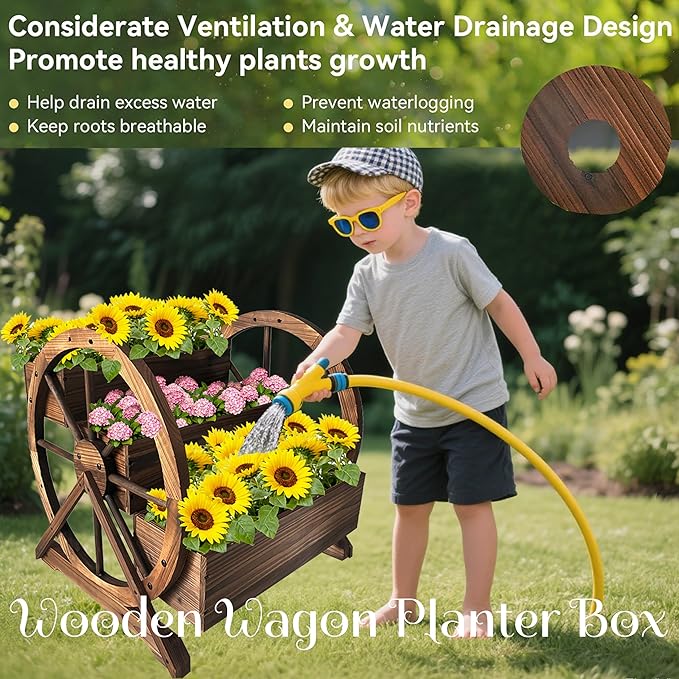 3 Tier Large Wooden Wagon Planter Box|Outdoor Planter/Flower Pot for Indoor&Outdoor Plants-Rustic Garden Planter for Patio,Porch&Garden Decor-Raised Garden Bed for Succulents,Herbs,Vegetables