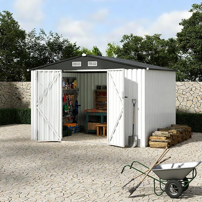 GarveeLife 6x8x6.4 Ft Outdoor Storage Sheds, Metal Garden Tool Shed for Backyard, Large Metal Sheds Outdoor Storage with Lockable Doors & Air Vents for Backyard Garden Patio Lawn