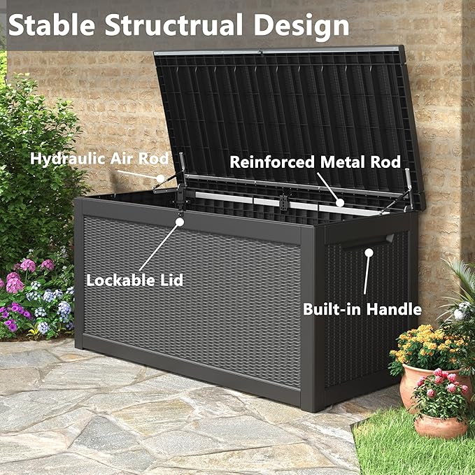 KAMABOKO 280 Gallon Outdoor Storage Box, Resin Deck Boxes Indoor and outdoor, Waterproof Storage Box Lockable Lid for Garden Tools, Package Delivery, Patio Cushions, Black
