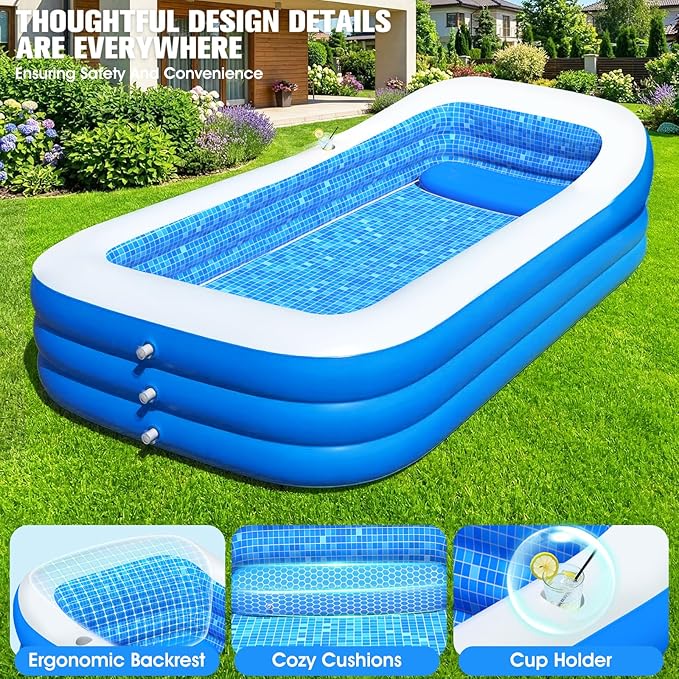 2026 Inflatable Pool with Canopy,Upgraded Blow Up Pool for Adults&Kids,Large Inflatable Pool with Seat and Big Backrest,Kiddie Pool with Shade,Kid Swimming Pool for Backyard 110"x63"x20"Cyan