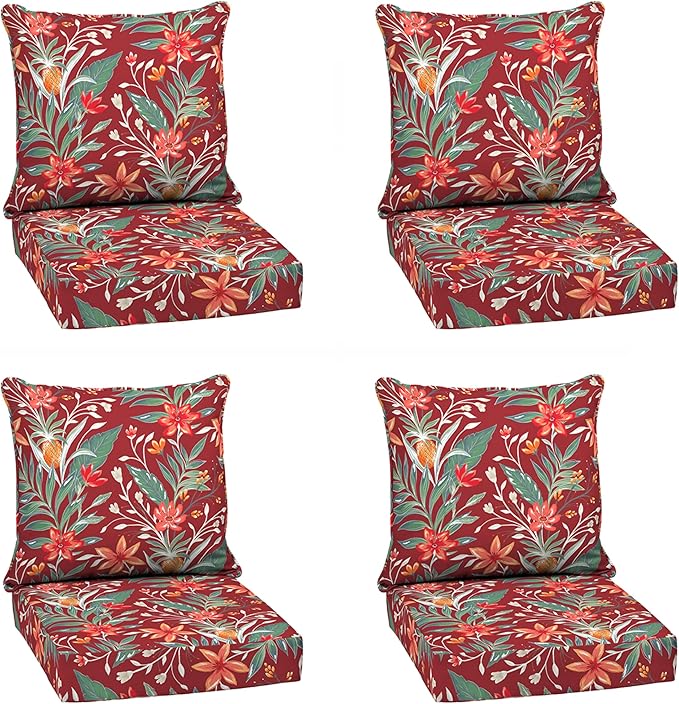 Arden earthFIBER Outdoor Deep Seat Cushion Set (4-Pack), 24 in x 24 in, Weather-Proof, Rain-Proof, Fade Resistant Patio Cushion for Chair, Sofa, and Couch Luau Red Tropical Floral