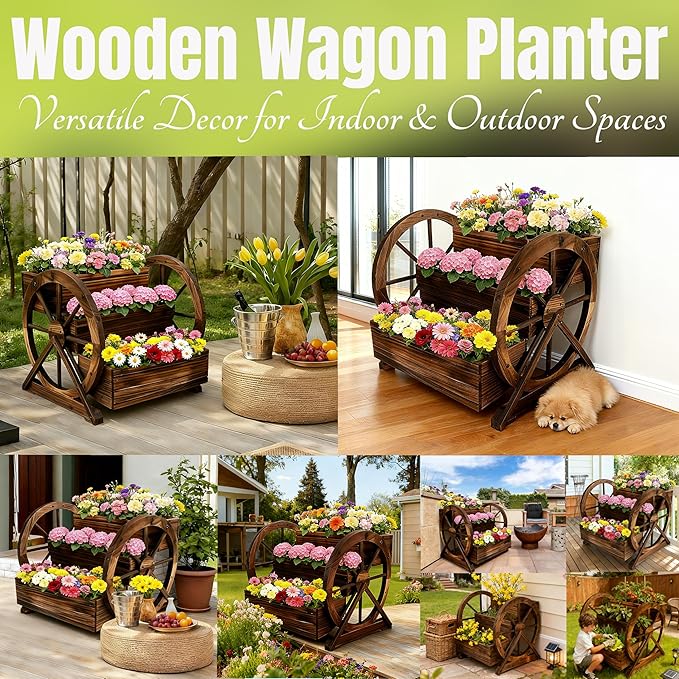 3 Tier Large Wooden Wagon Planter Box|Outdoor Planter/Flower Pot for Indoor&Outdoor Plants-Rustic Garden Planter for Patio,Porch&Garden Decor-Raised Garden Bed for Succulents,Herbs,Vegetables