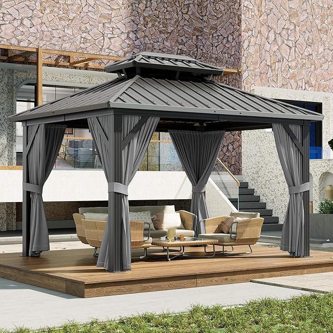 12 x 20 ft Hardtop Gazebo, Heavy Duty Galvanized Aluminum Frame Double Roof Outdoor Pavilion, Faux Wood Grain Metal Roof Gazebo with Netting & Privacy Curtains, Brown Patio Canopy Shelter for Backyard