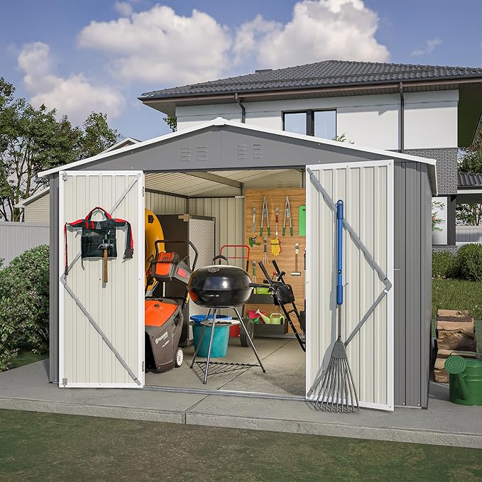 YOPTO 10×10 FT Outdoor Storage Shed,Metal Aluminum Waterproof Tool Sheds with Doors and Vents,Heavy-Duty Sheds Unit W/Lock and Key,for Storing Bicycles,Lawnmowers,Barbeques,Gray