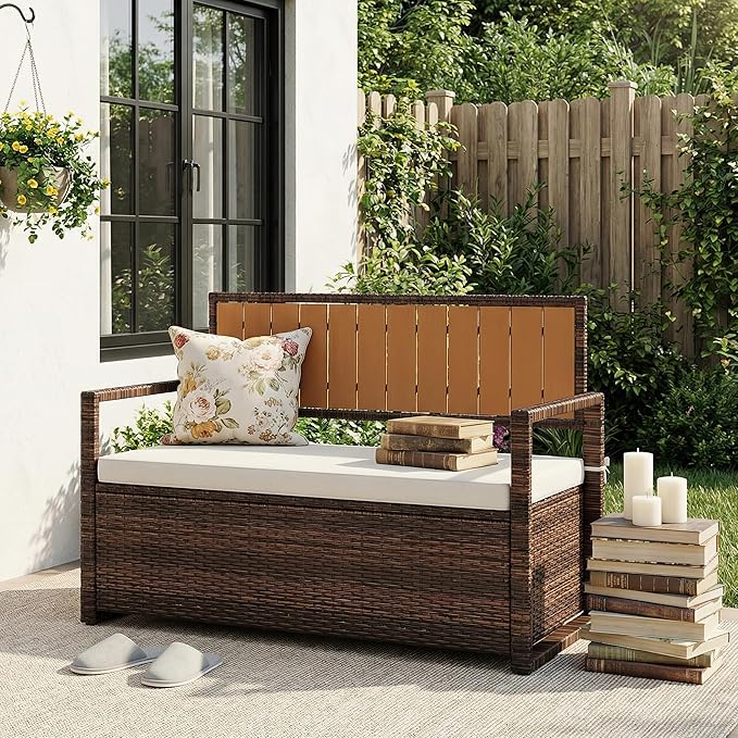 IDEALHOUSE Outdoor Storage Bench with Cushion, PE Rattan Patio Bench with Backrest, Armrests and Metal Frame, Waterproof Deck Box Seat for Porch, Backyard & Poolside, Dark Brown