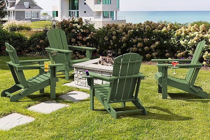 SERWALL Adirondack Chair with Cup Holders - Composite Adirondack Chairs Set of 6 HDPE Outdoor Chairs All Weather Use- Avocado