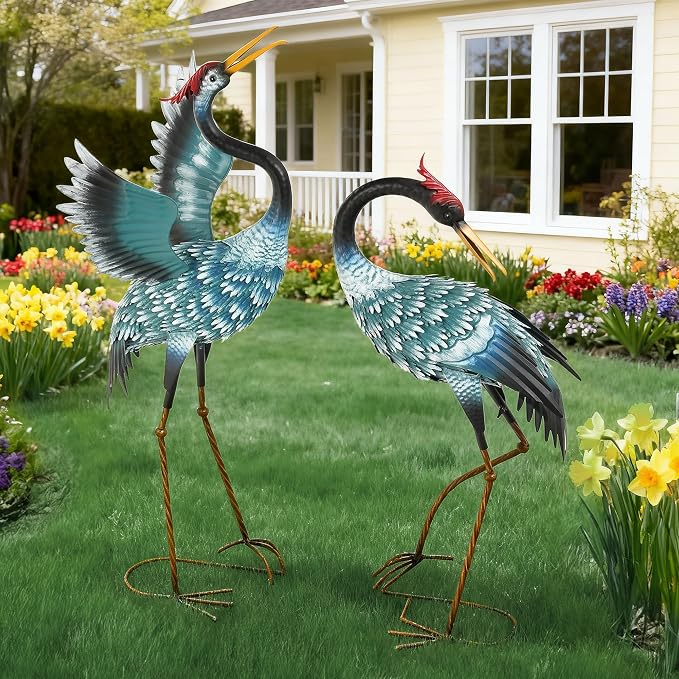 Extra-Large Crane Statue, 36.8" Handcrafted Metal Blue Heron Decor Sculptures with Stable U-Ground Stakes, Backyard Decoration, Metal Garden Bird Animal Yard Art, Lawn Ornament Decor