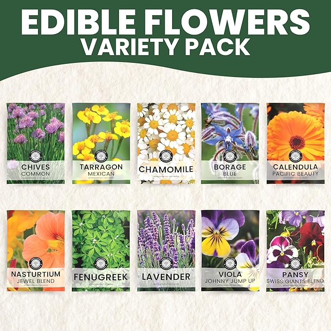 Edible Flower Seeds | 10 Individual Packs | 2026 Season | Non-GMO | Calendula, Chamomile, Nasturtium, Viola & More! | for Planting Indoor & Outdoor | by Family Sown