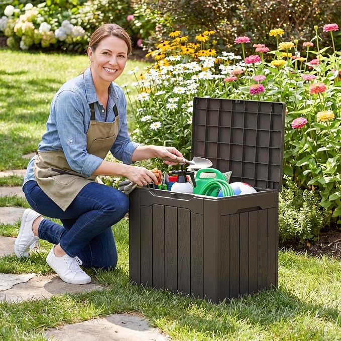 Flamaker Deck Box 30 Gallon, Waterproof Resin Small Storage Box with Lid, Outdoor Patio Furniture Cushion Garden Tool Organizer, Lockable Package Delivery Box for Porch Balcony (Deep Brown)