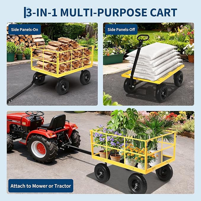 Heavy Duty 1500 Lbs Capacity Mesh Steel Garden Cart Folding Utility Wagon with Removable Sides, Garden Cart on Wheels for Gardening Soil, Tools, and Plant Transport