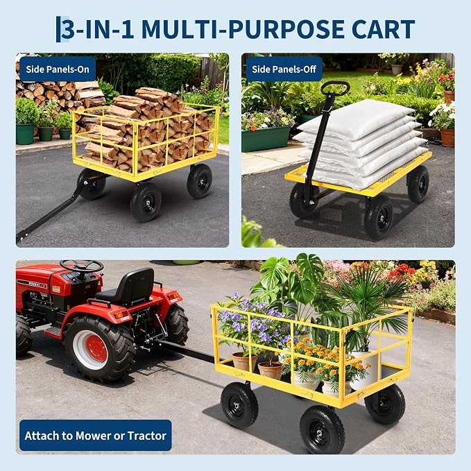 Garvee 1500 LB Garden Wagon Cart with 13 in All Terrain Tires, 3-in-1 Yard Wagon Cart with Removable Side Panels, Heavy Duty Outdoor Metal Utility Wagon Yard Trailer for Outdoor Lawn, Yard, Backyard