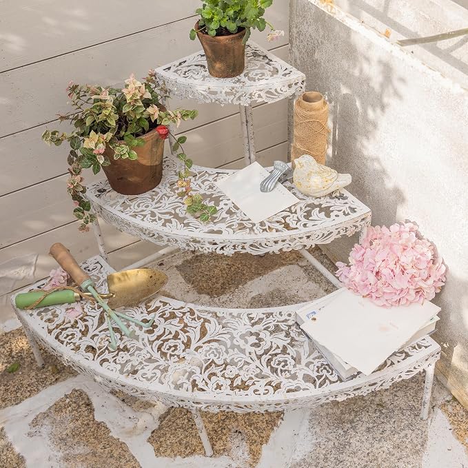 3-Tier Vintage Corner Plant Stand for Indoor Outdoor Distressed Metal Flower Pot Holder Shelves with Ornate Cutout Edges Multi-Level Planter Rack Display Corner Shelf Antique Tall Plant Shelf for Patio Porch Garden Balcony Living Room (White)