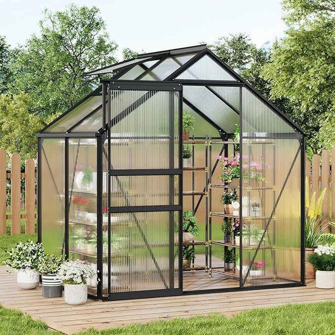 6x4FT Greenhouse for Outdoors, Walk-in Polycarbonate Greenhouse with Sliding Door, Adjustable Roof Vent & Gutter System, Portable Outdoor Green House Kit for Winter Gardening