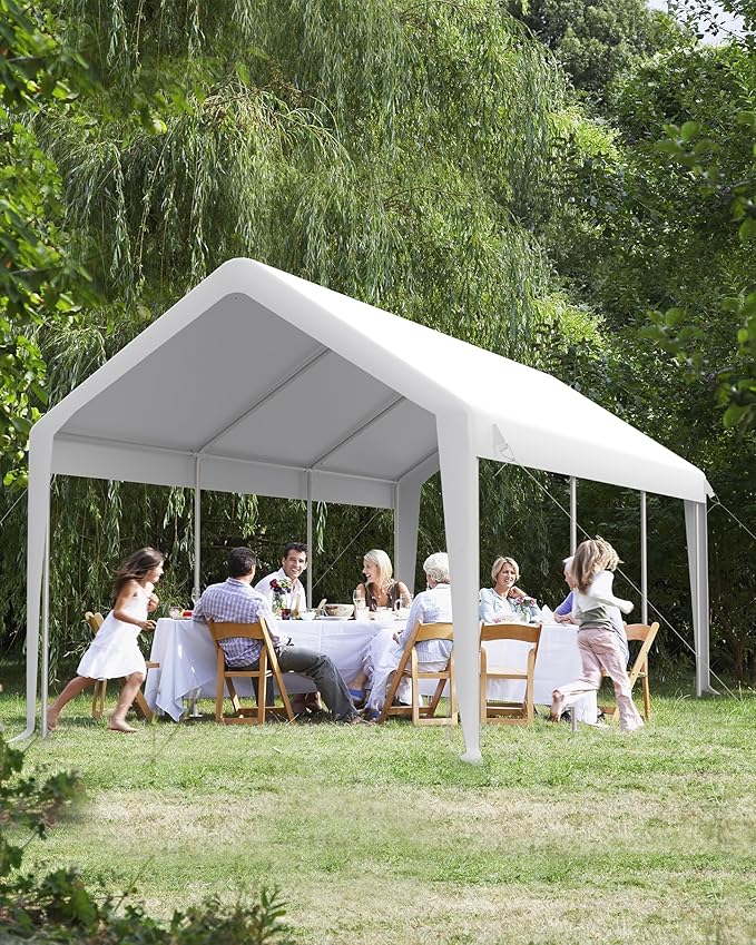 10 x 20ft Carport, Portable Carport with Roll-Up Windows & Removable Sidewalls & Doors Thickened Wind Ropes, Ground Nails, Portable Garage for Cars, Trucks, Boats, 200G Durable Tarp Cover,White