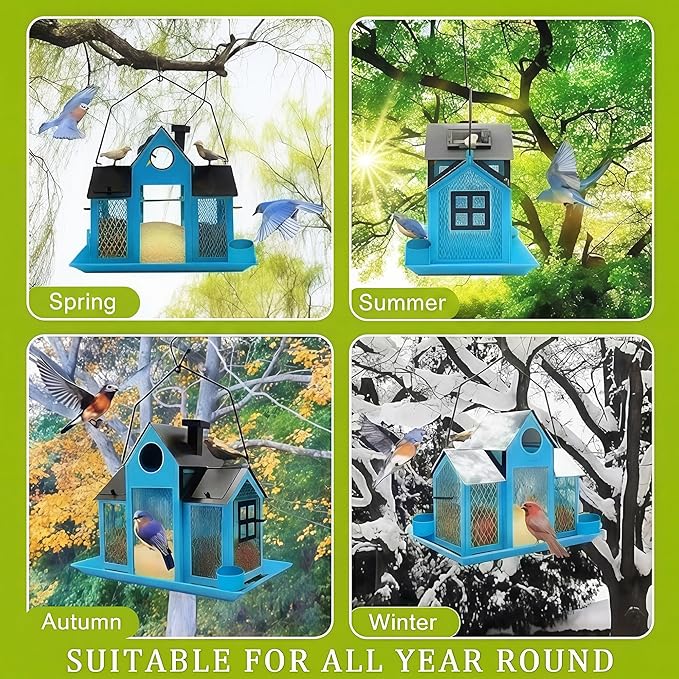Solar Bird Feeders House for Outside Hanging, Metal Wild Bird Feeder for Outdoors Large Capacity Cardinal Birdfeeder Birdhouses Metal Bird Feeding Station Blue