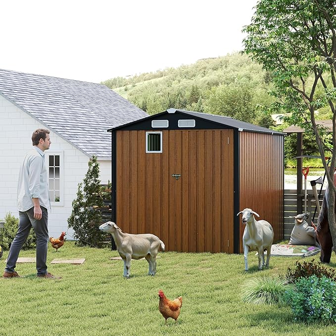 YOPTO 6x8 FT Sheds & Outdoor Storage,Steel Storage Shed with Lockable Doors and Window,Waterproof Garden Shed w/Roof Slope Design & Weather Versatility,Tool House for Storing Bicycles,Yellow