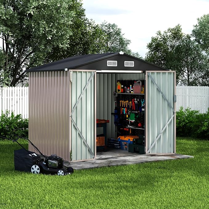 8x6ft Heavy Duty Outdoor Storage Shed, Metal Tool Shelter with Lockable Doors, Air Vents, Large Weatherproof Utility Building for Backyard Patio Lawn – Wind & Rain Resistant, UV Protection