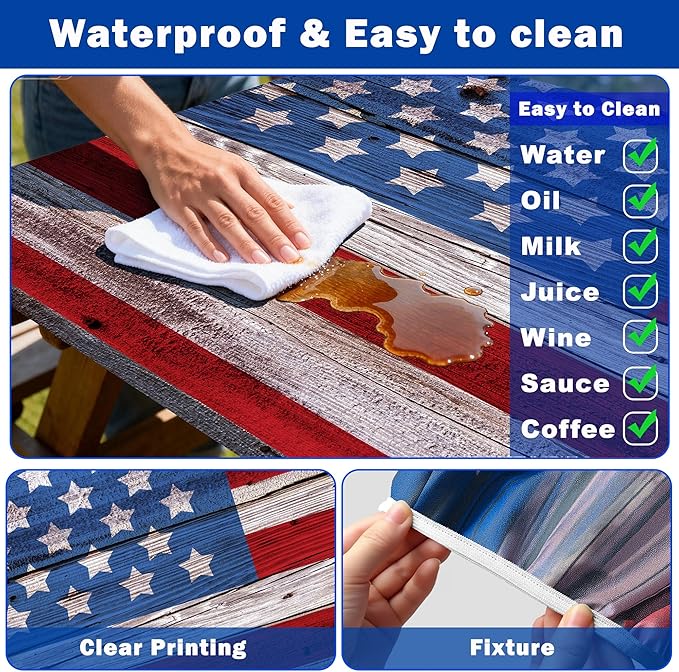 Picnic Table Cover with Bench Covers 6FT,Camping Essentials American Flag Waterproof Windproof Fitted Outdoor Tablecloth with Elastic Rectangle Table Cloth Camping Accessories